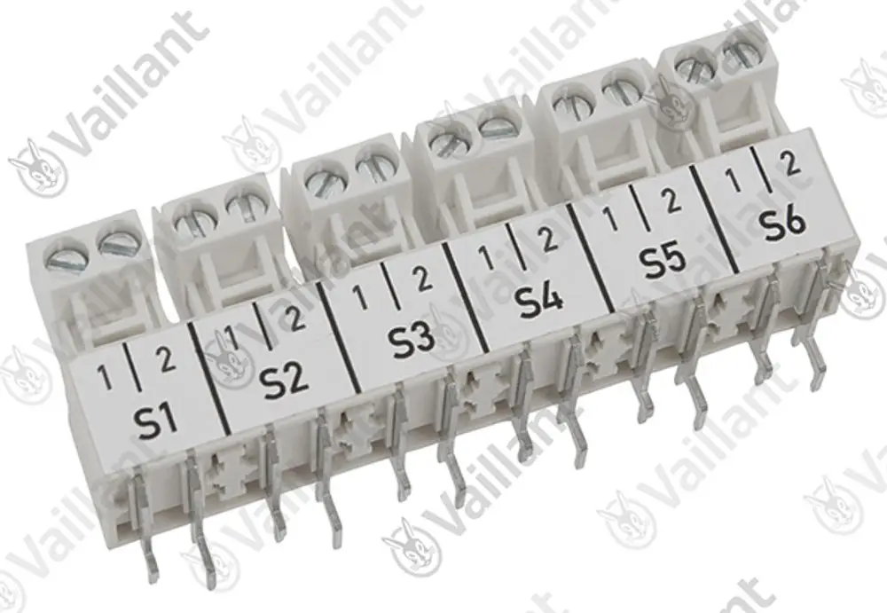 Vaillant Steckverbinder mit mehreren Anschlussmöglichkeiten, gekennzeichnet mit S1 bis S6, zur Elektroinstallation in Heizungsanlagen.